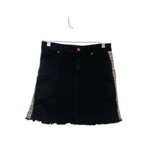Guess Black Denim Skirt Mini with Logo Tape‎ Trim Frayed Hem